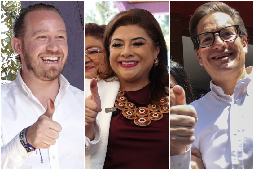 Los candidatos a la jefatura de Gobierno, Santiago Taboada, Clara Brugada y Salomón Chertorivsky, tras emitir su voto.